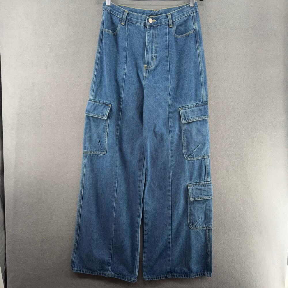 Vici Baggy Wide Leg High Rise Cargo Jeans Womens Large Blue Pockets Loose
